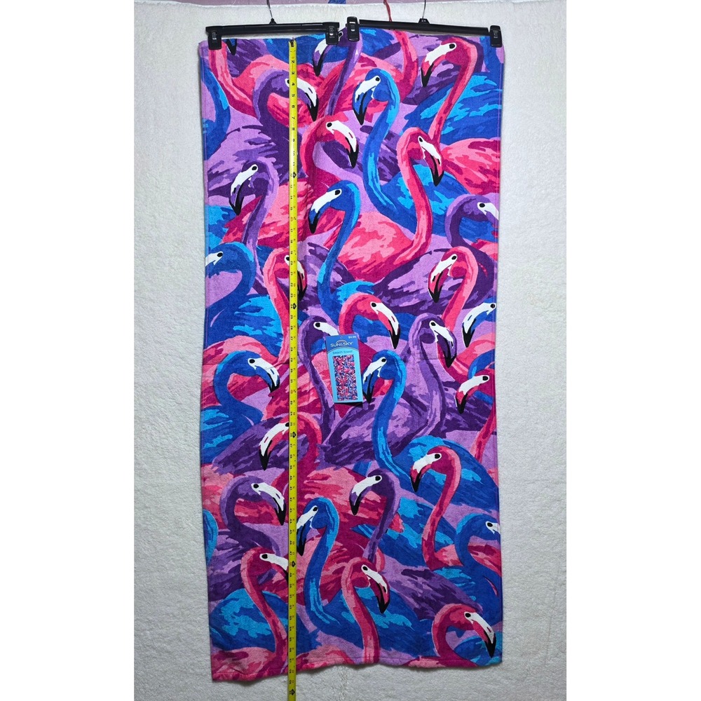 Sun & Sky Painterly Flamingos Beach Towel Pink Blue Purple 100% Cotton 28x58 NWT